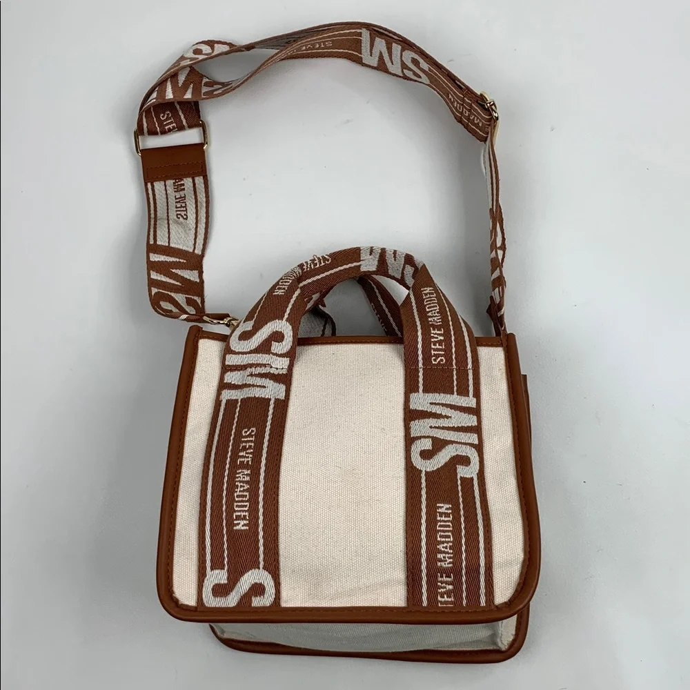 Steve Madden Tan Cream Canvas tote crossbody Bag Gold logo Lined pockets